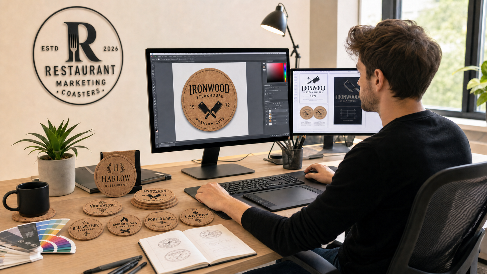 Professional designer workspace with Ironwood Steakhouse coaster design and Restaurant Marketing Coasters branding